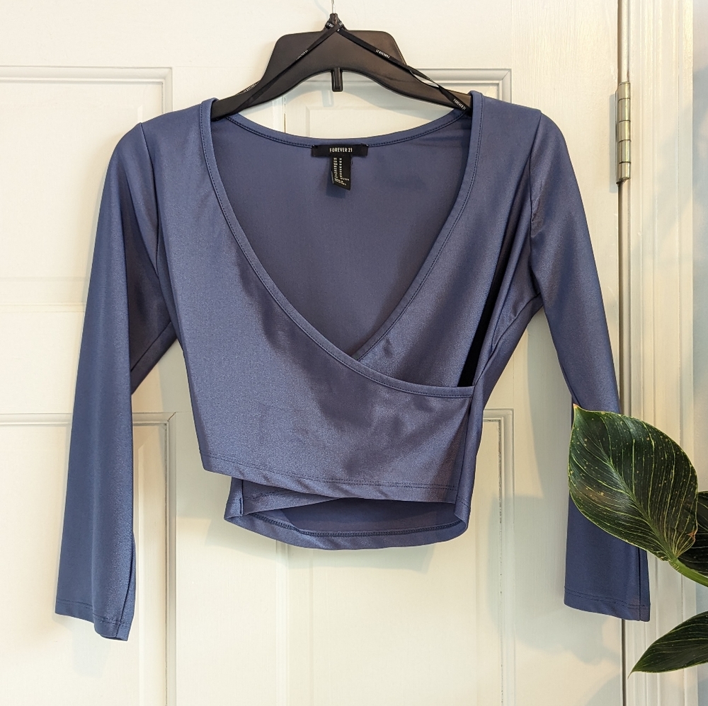 Forever 21 Blue Satin Wrap Crop Top